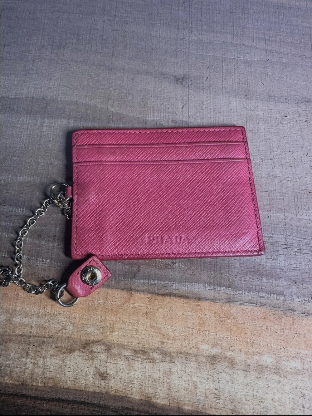 Prada Hot Pink Saffiano Leather Card Holder with Chain Keyring Made in Italy